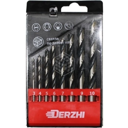 Сверло DERZHI по дереву спиральное в наборе 8 шт. (3-10) пласт.кор. 8305-005