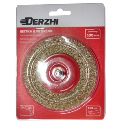 Щетка DERZHI для дрели, плоская со шпилькой 100 мм латунир. витая проволока 874450