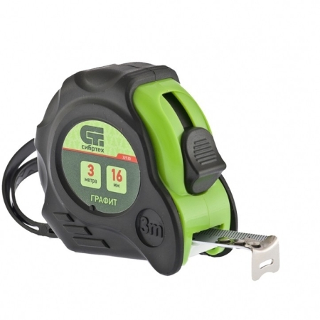 Рулетка Графит, обрезиненный корпус, амортизатор, 3м*16мм/Сибртех